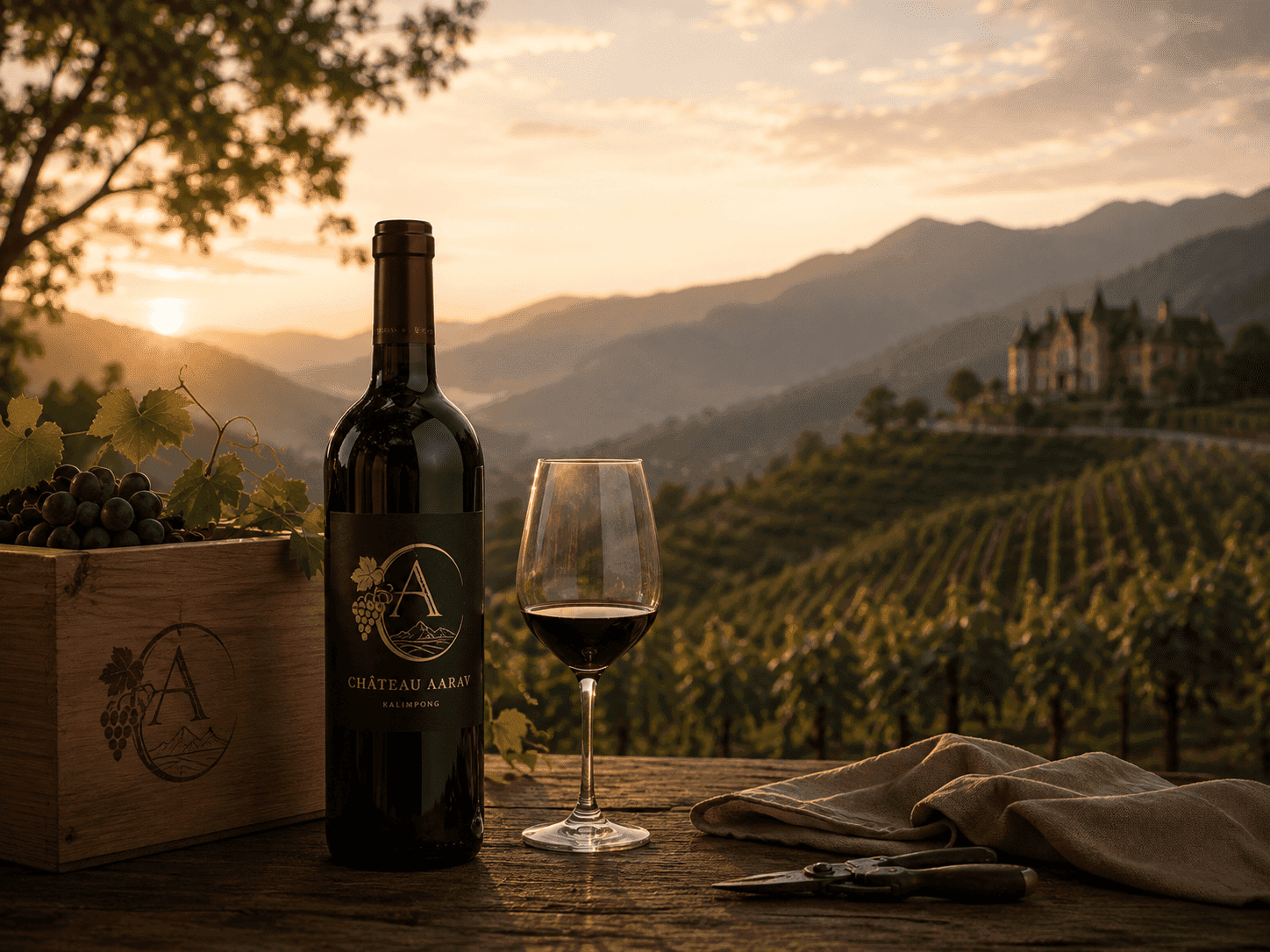 Conceptual vision of Château Aarav wine, from vine to bottle